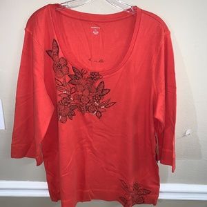 New womens Westbound orange  T-shirt top sz XL black flowers w/rhinestones